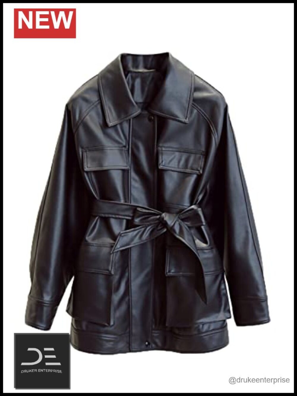 Faux Leather Belted Shirt Jacket Lapel Blazer Coat Bust Pocket